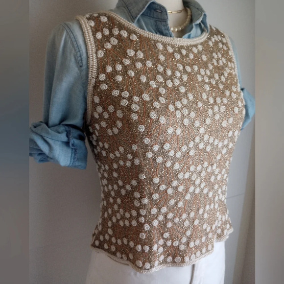 Adrianna Papell Gold White Pearl Beaded Layering Top Sleeveless Silk Size 8P - Picture 4 of 15
